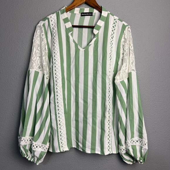 Romantic Hut Striped Blouse XXL Lagenlook Green White Lace Long SL V Neck Top - Picture 1 of 12